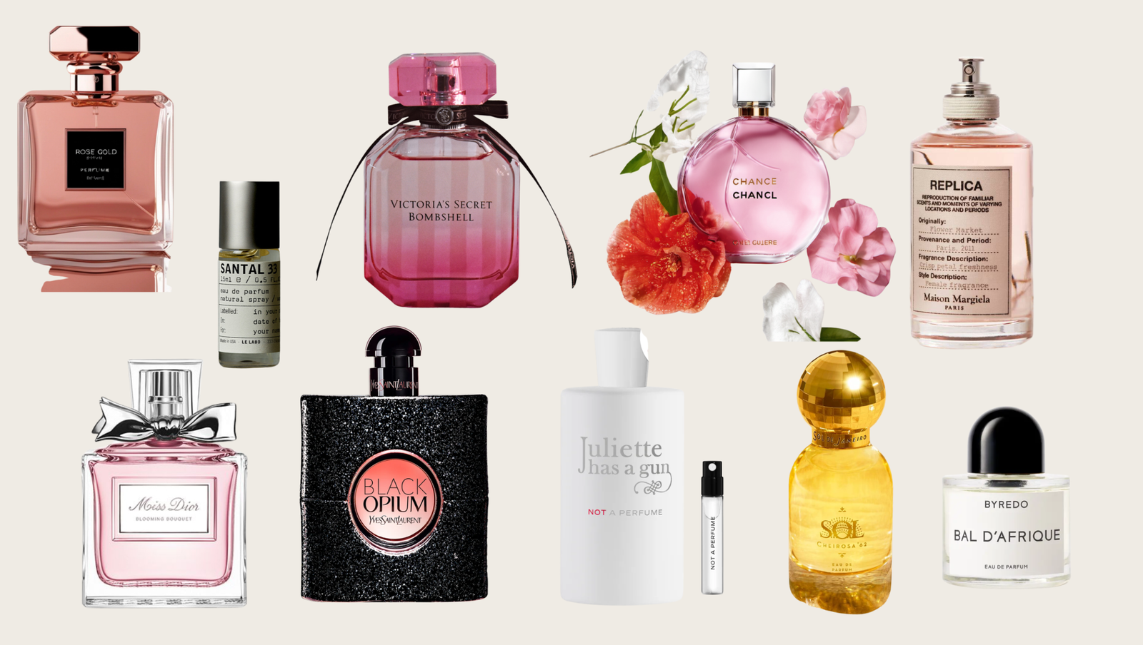 Top 11 luxury perfumes for women in 2026. Fragrance flat-lay featuring Glossier You, Santal 33, and Miss Dior. This curated collection showcases the best in floral, musk, and vanilla perfumes for a minimalist beauty blog.