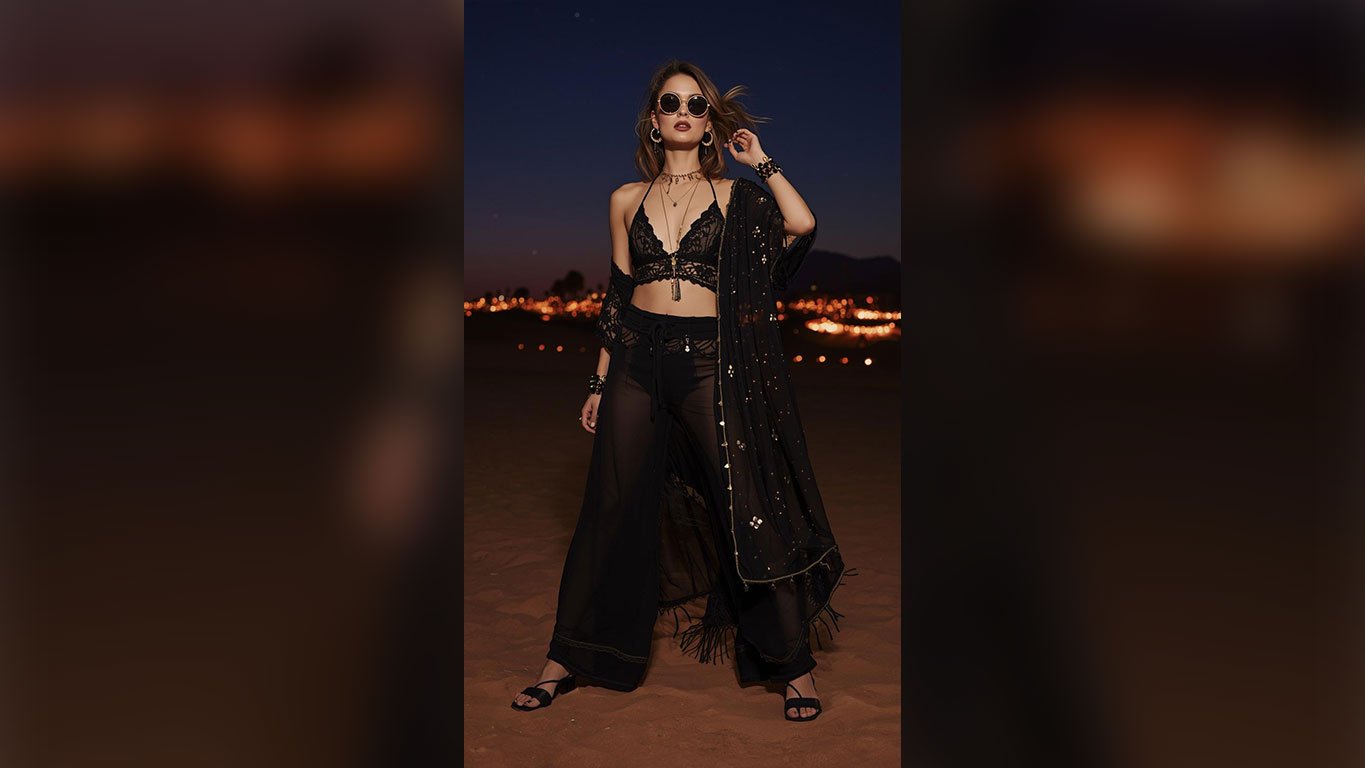 Coachella night festival outfit featuring a black lace halter bralette with gold star embellished sheer kimono duster and wide-leg sheer black palazzo pants, layered gold choker necklaces, long tassel pendant, chunky black gold cuff bracelets, oversized round sunglasses and black strappy heeled sandals on a woman standing on desert sand against a deep navy sky with warm golden bokeh festival lights