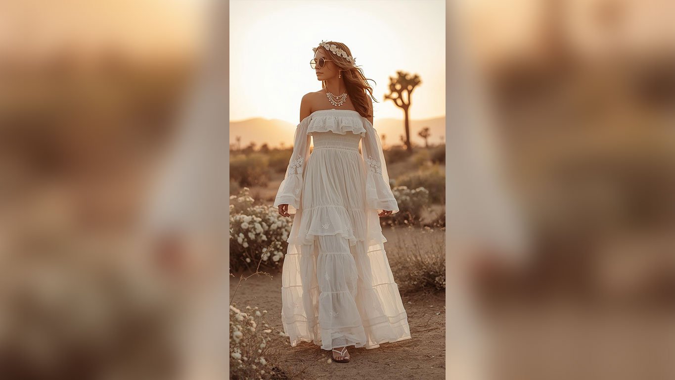 Festival fashion white off-shoulder lace embroidered bell sleeve tiered chiffon maxi dress with layered pearl crystal bib necklace, white floral headband crown, pearl drop earrings, vintage round gold sunglasses and white strappy sandals among blooming desert wildflowers with glowing Joshua tree silhouette at golden hour