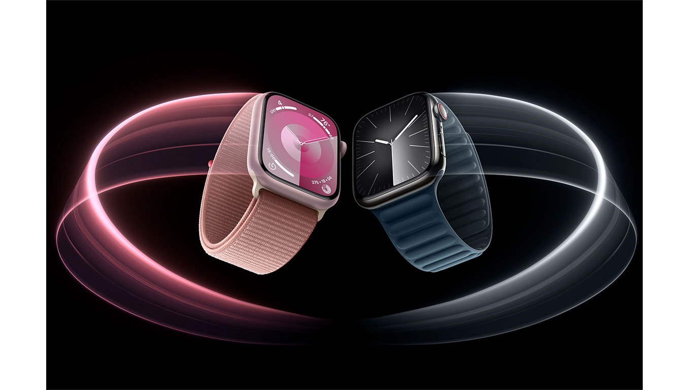 Apple Watch Series 9 in Pink and Midnight aluminum finishes with Sport Loop and Magnetic Link bands.