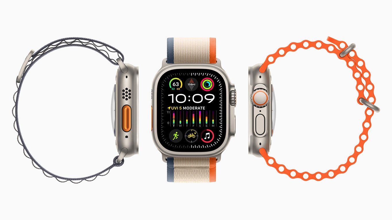 Apple Watch Ultra 2 with Trail Loop and Ocean Band showing various side profiles.