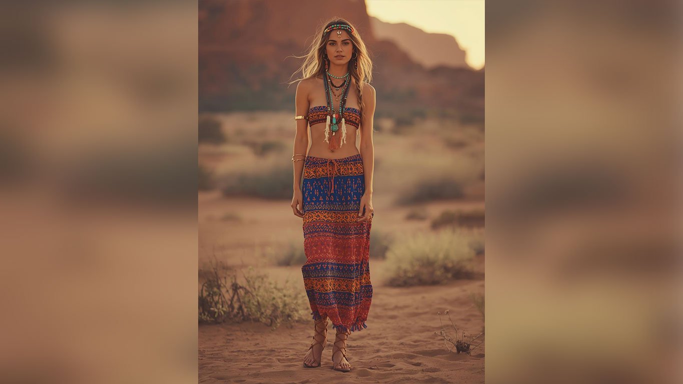 Coachella inspo bold tribal print bandeau top and flowing blue orange red aztec maxi skirt with layered beaded tassel pendant necklaces, turquoise choker, jeweled boho forehead headband, gold cuff bracelets and lace-up tan gladiator sandals on a woman standing on desert canyon sand with warm amber red rock formations softly blurred behind her