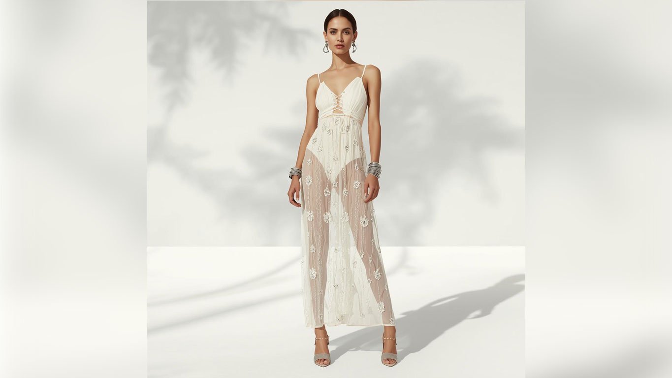 Coachella outfit idea featuring a white sheer mesh floral appliqué maxi dress with lace-up V-neckline bodice, stacked silver bangles, dangling hoop earrings and embellished strappy heeled sandals against a soft white palm shadow editorial background