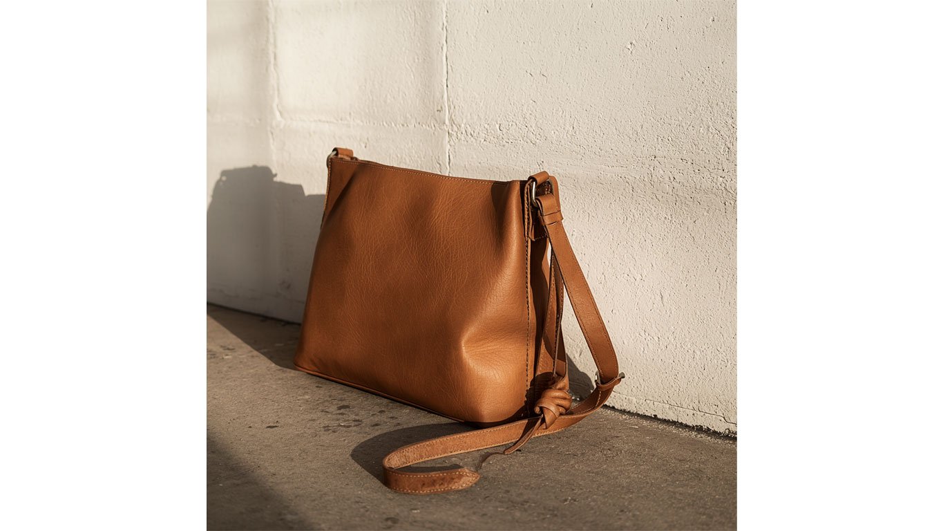 COS tan leather crossbody bag with knot strap detail. A versatile, mid-sized neutral handbag for a 2026 summer capsule wardrobe, pictured against a white wall in natural light.