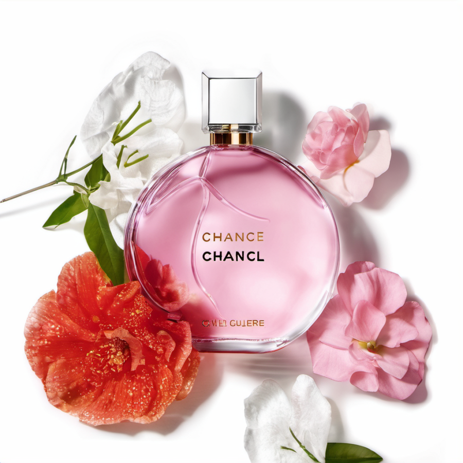 The round, silver-rimmed bottle of Chanel Chance Eau Tendre with its soft pink perfume and frosted square cap, presented in a bright, feminine, and airy aesthetic.