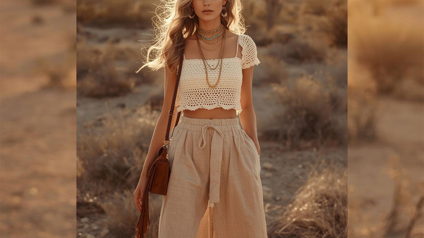 Coachella inspo outfit featuring an ivory crochet bralette, knotted linen wide-leg pants, stacked gold coin necklaces and a chocolate brown suede fringe crossbody bag in a golden hour California desert setting