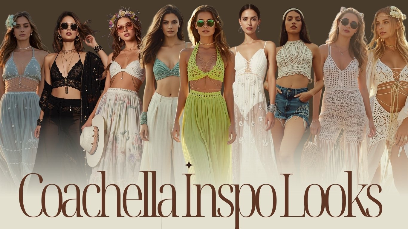 A vibrant collage of diverse models showcasing dreamy Coachella festival fashion inspiration, perfect for your unforgettable weekend vibe. The image features ten women in boho-chic outfits against a sun-kissed desert backdrop, wearing flowy sheer dresses, crochet tops, lace bralettes, denim shorts, and fringe skirts in pastel blues, whites, lime green, and neutrals. Accessorized with flower crowns, layered necklaces, wide-brim hats, retro sunglasses, and beach bags, evoking effortless festival glamour.
