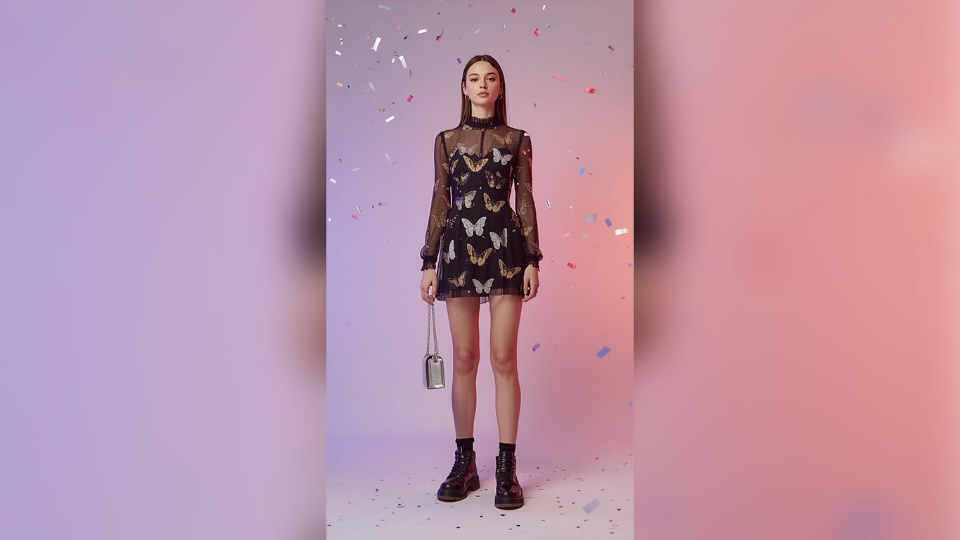 Coachella inspo edgy festival outfit featuring a black sheer mesh long-sleeve butterfly print mini dress with black lace-up combat boots, small silver rhinestone chain bag and gold hoop earrings against a lavender to pink gradient background with falling multicolor confetti