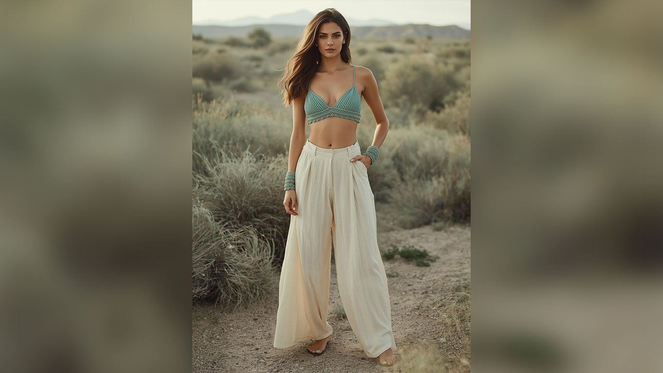 Coachella inspo boho outfit featuring a sage green ribbed crochet bralette top with turquoise beaded cuff bracelets and flowy cream wide-leg linen palazzo pants on a woman standing on a dusty desert trail with dry sage brush mountains in the background