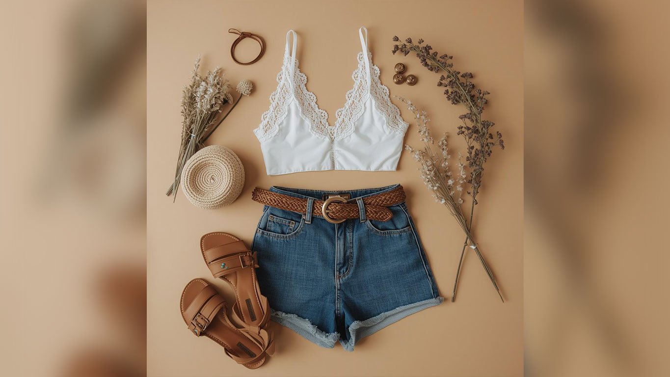 Festival outfit flatlay featuring a white lace bralette, high-waisted denim cutoff shorts with braided tan leather belt, brown strappy sandals, woven straw hat and dried wildflower stems styled on a warm beige background