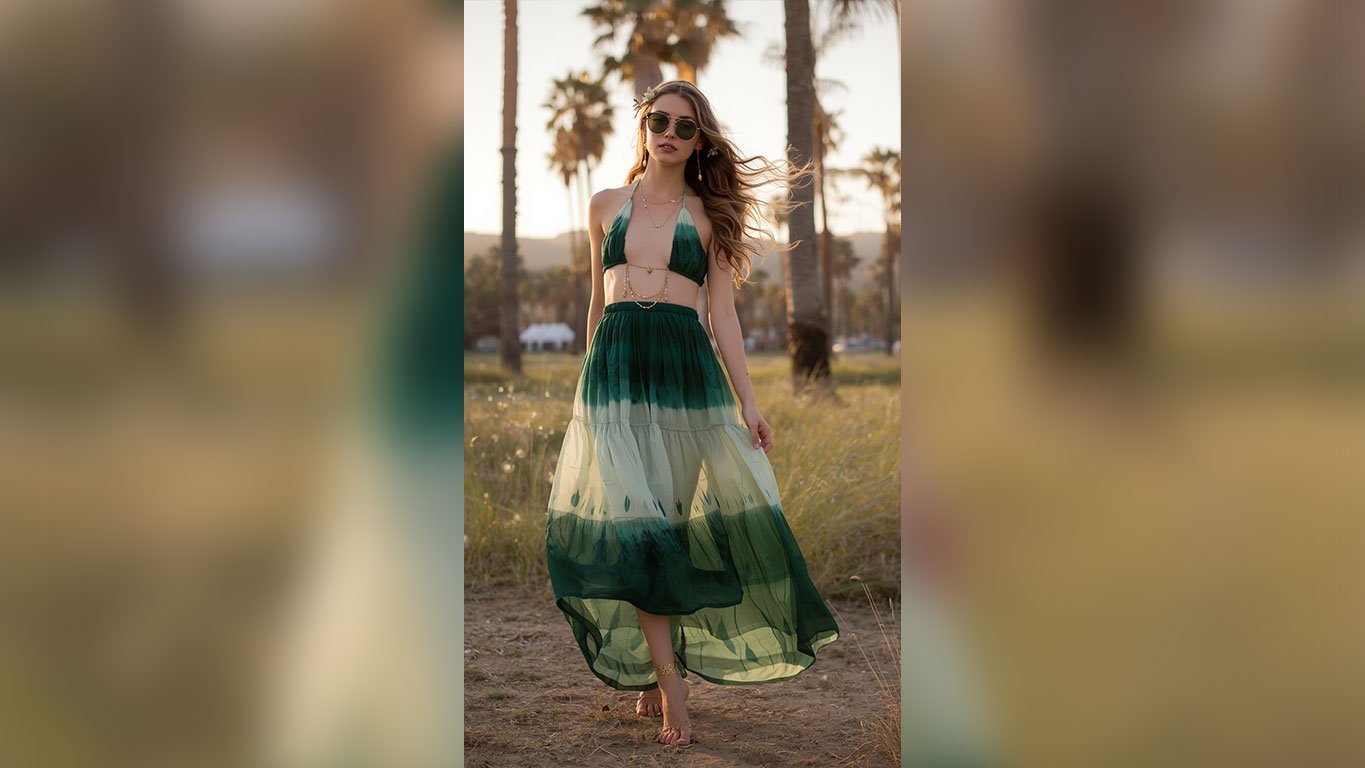 Coachella inspo deep forest green to ivory ombre tie-dye halter crop top and matching tiered maxi skirt with delicate layered gold body chain, small crystal drop earrings, green flower hair clip, green tinted round sunglasses and gold embellished flat sandals on a woman standing on dry grass with tall palm trees and warm golden sunset light background