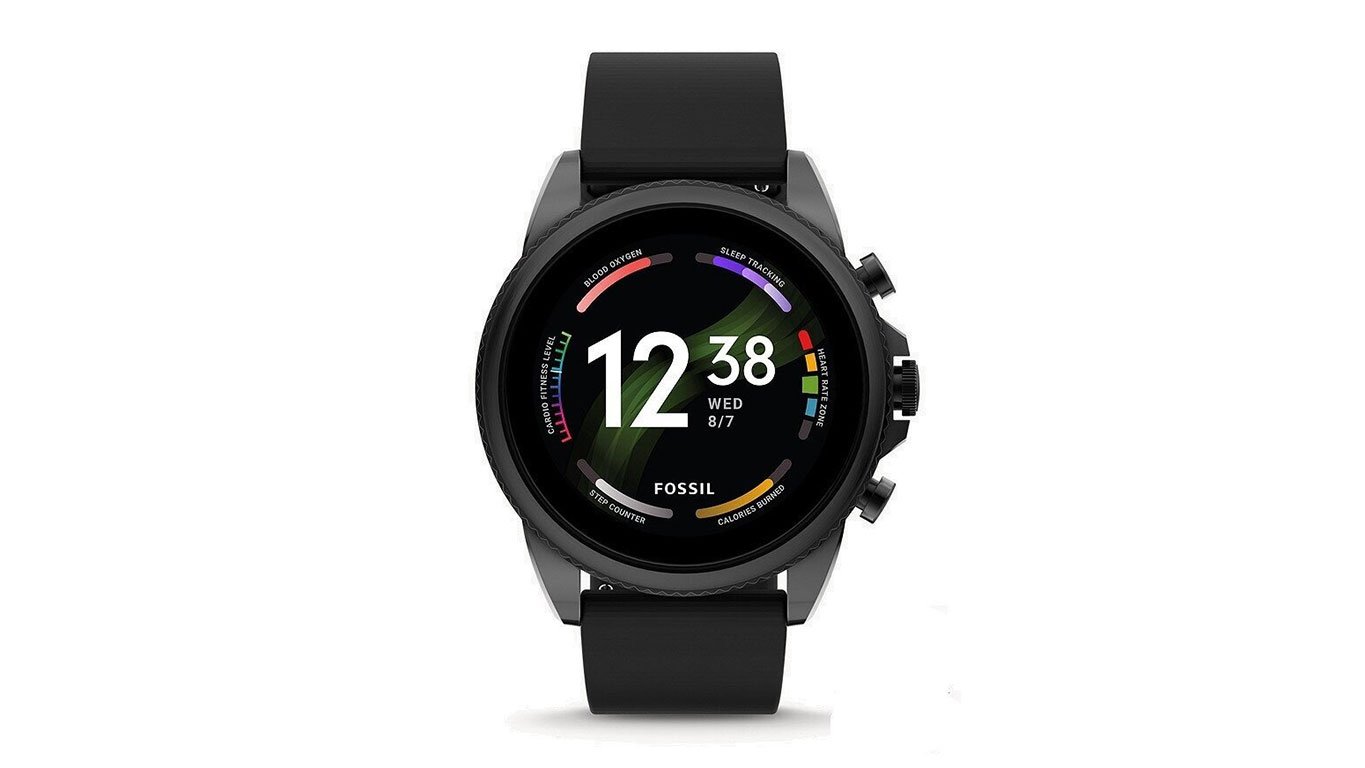 Fossil Gen 6 touchscreen smartwatch in black with wellness tracking watch face.