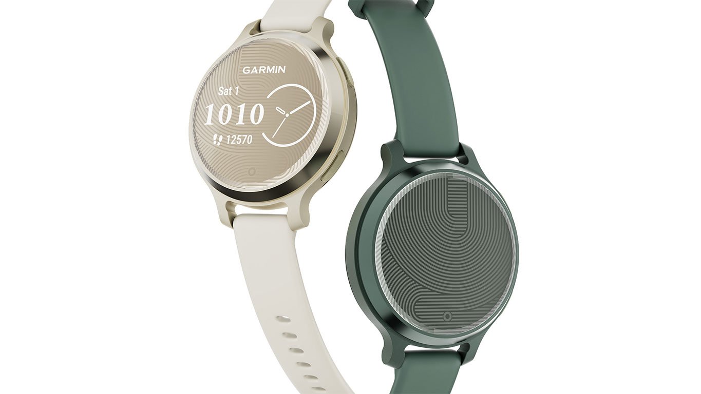 Garmin Lily 2 stylish small smartwatches in Sage Gray and Cream Gold with patterned lenses.