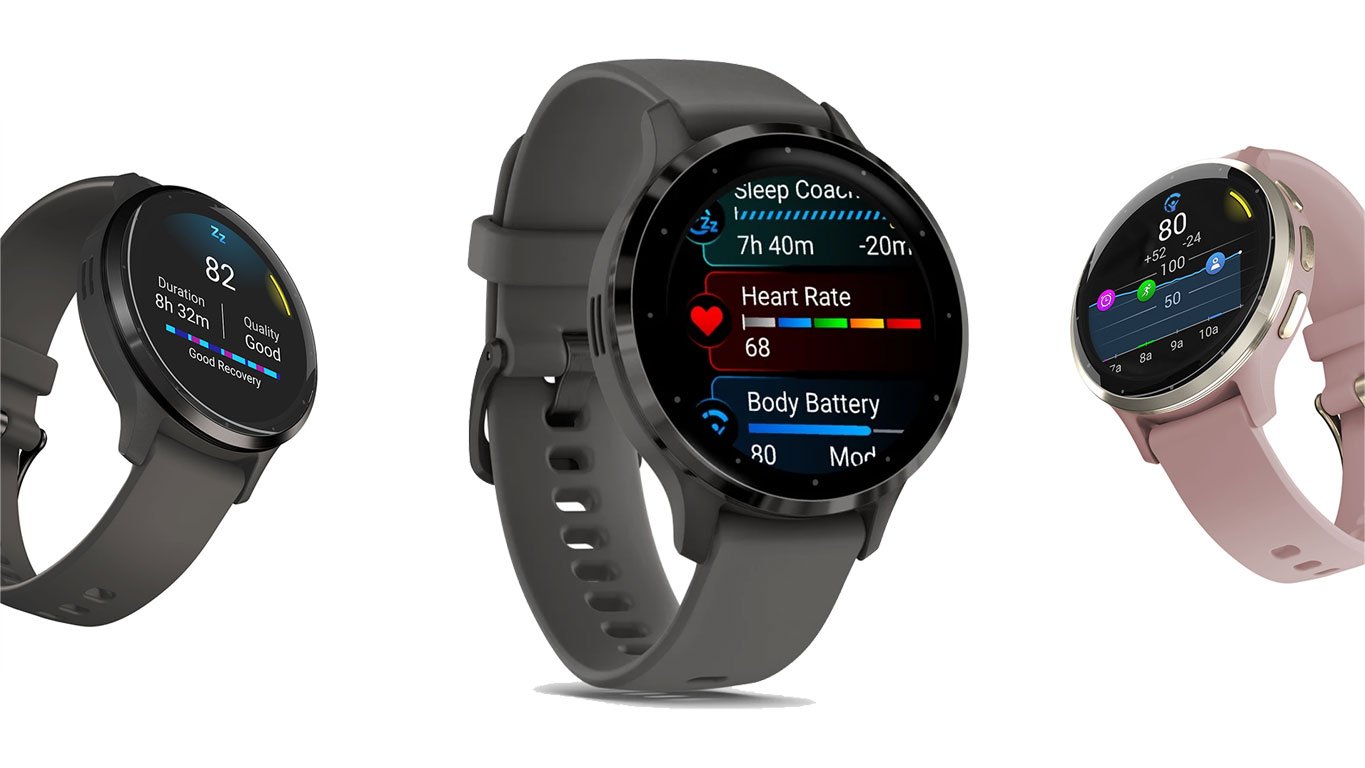 Garmin Venu 3S smartwatches in French Gray and Dusty Rose featuring sleep coach and body battery metrics.