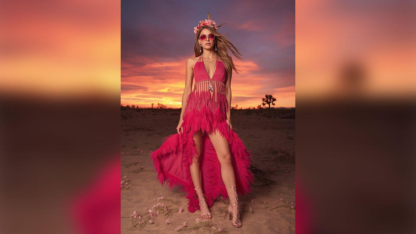 Coachella inspo hot pink deep-V fringe and feather maxi dress with crystal drop earrings, pink tinted round sunglasses, layered gold necklace, full floral and feather flower crown and strappy lace-up heeled gladiator sandals on a woman standing on desert sand surrounded by pink wildflowers against a dramatic magenta and gold Joshua tree sunset sky