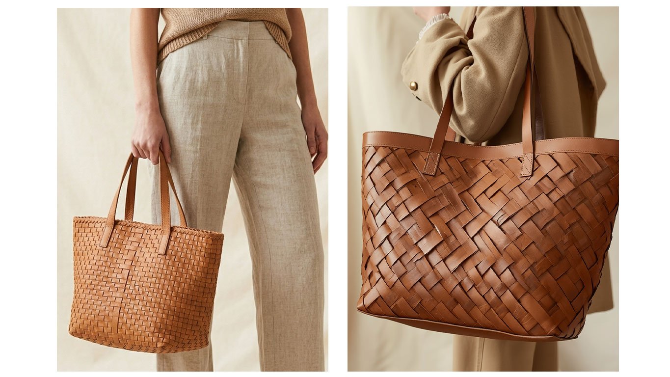 Loeffler Randall woven leather tote bags. Large and medium cognac braided leather handbags for a 2026 summer capsule wardrobe. High-quality basket-weave accessories shown in an editorial lifestyle setting.