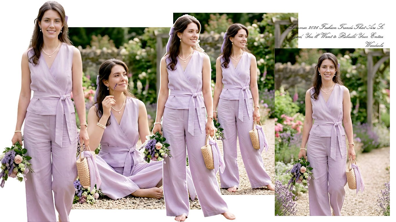 Lavender linen co-ord set with a relaxed button-down shirt and high-waisted shorts for a quiet luxury summer look.