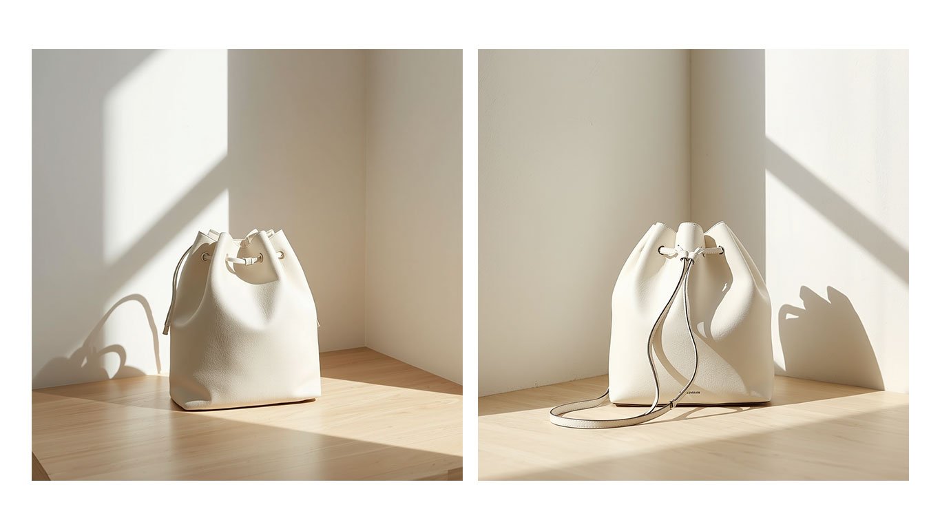 Marge Sherwood Bessette cream leather bucket bag. A high-end drawstring handbag in an off-white neutral shade, perfect for a 2026 summer capsule wardrobe or minimalist fashion styling.