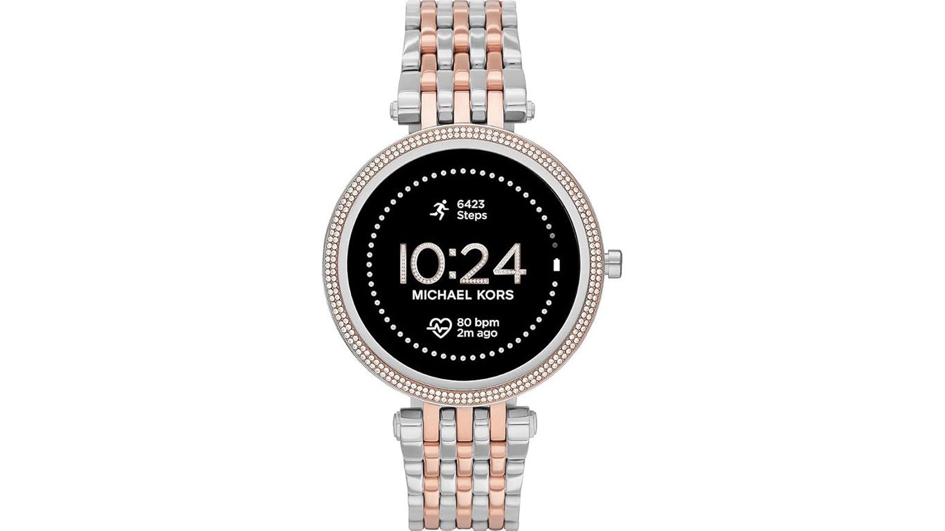 Michael Kors Access Darci Gen 5E smartwatch in two-tone silver and rose gold stainless steel.