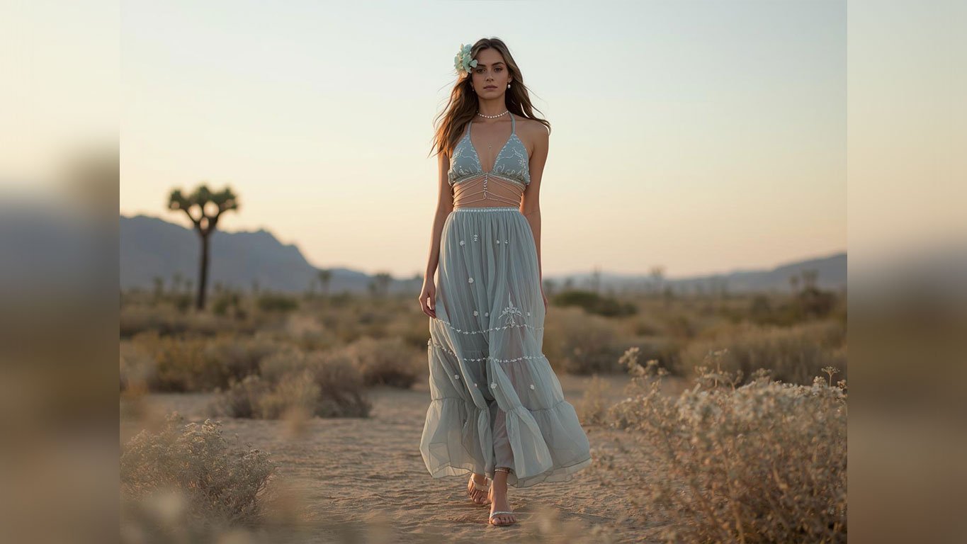 Coachella inspo sage green embroidered halter crop top with sheer tiered dusty mint chiffon maxi skirt, delicate pearl choker necklace, oversized blue flower hair clip and barely-there silver sandals on a woman walking on a desert trail with Joshua tree silhouette and soft peach dusk sky background