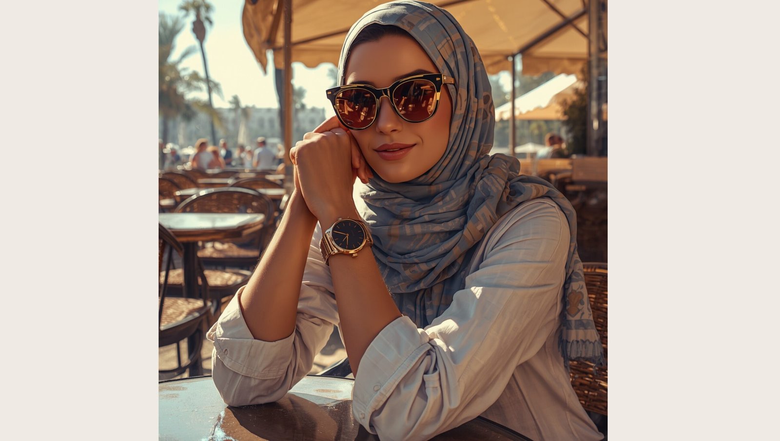 A woman in a light blue patterned hijab and sunglasses sitting at a sunlit outdoor cafe, wearing a gold smartwatch with a black face.