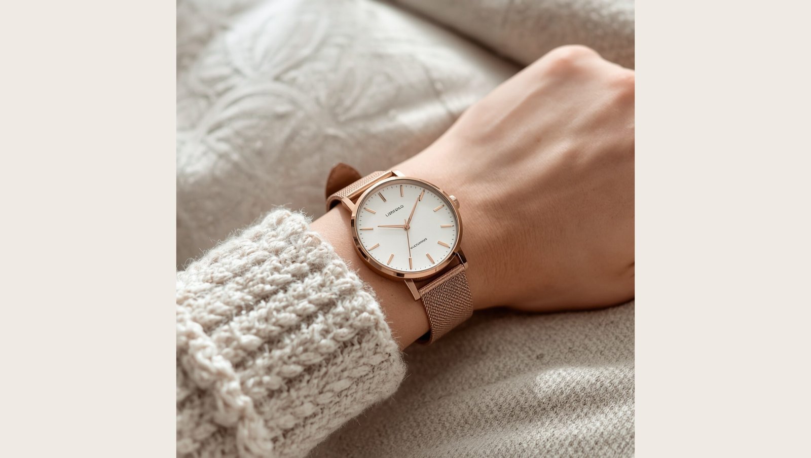 Close-up of a woman wearing a rose gold mesh strap watch with a white minimalist dial and a cream cable-knit sweater.