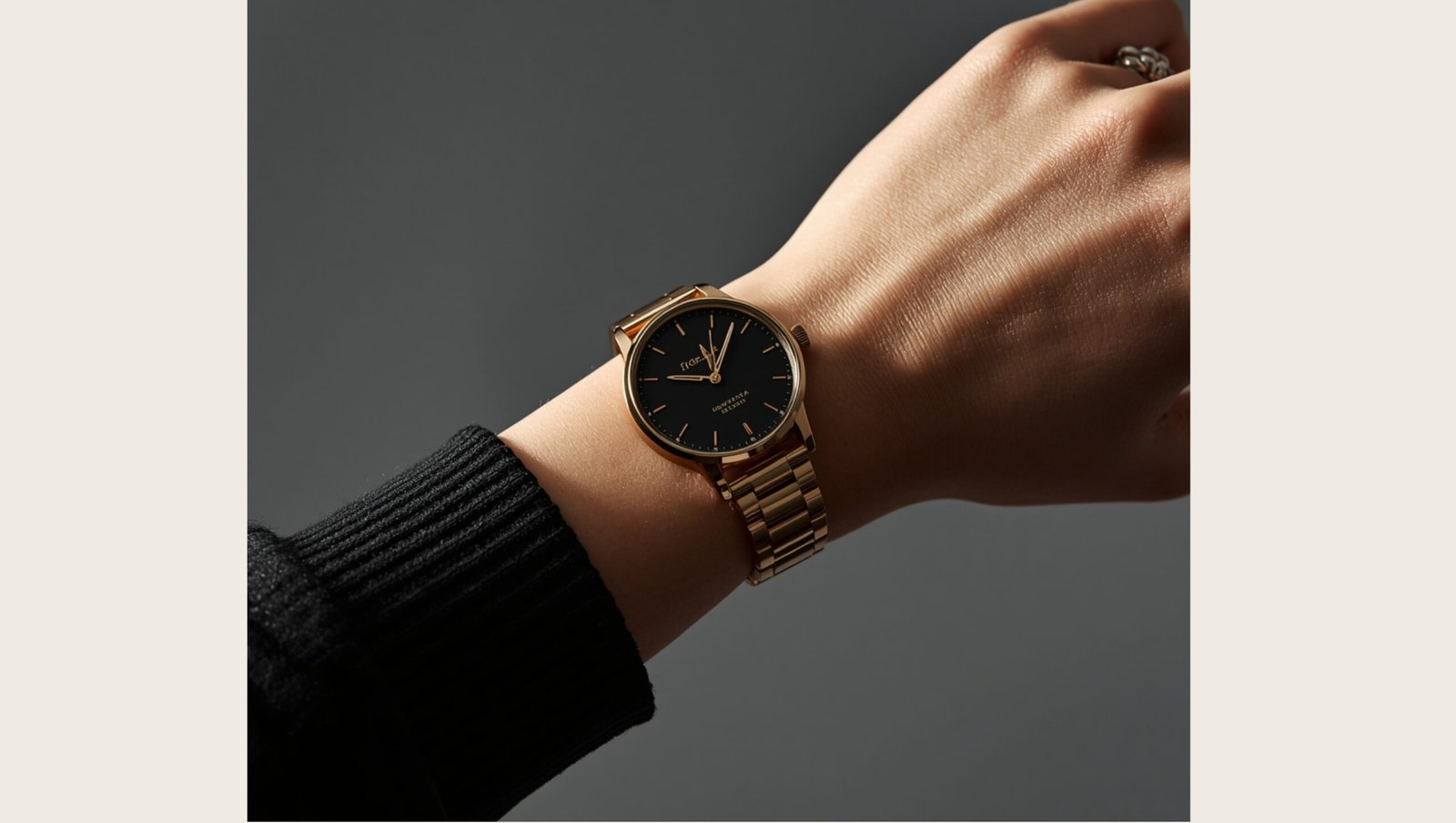 Close-up of a woman's wrist wearing a classic gold link bracelet watch with a minimalist black dial against a dark, moody background.