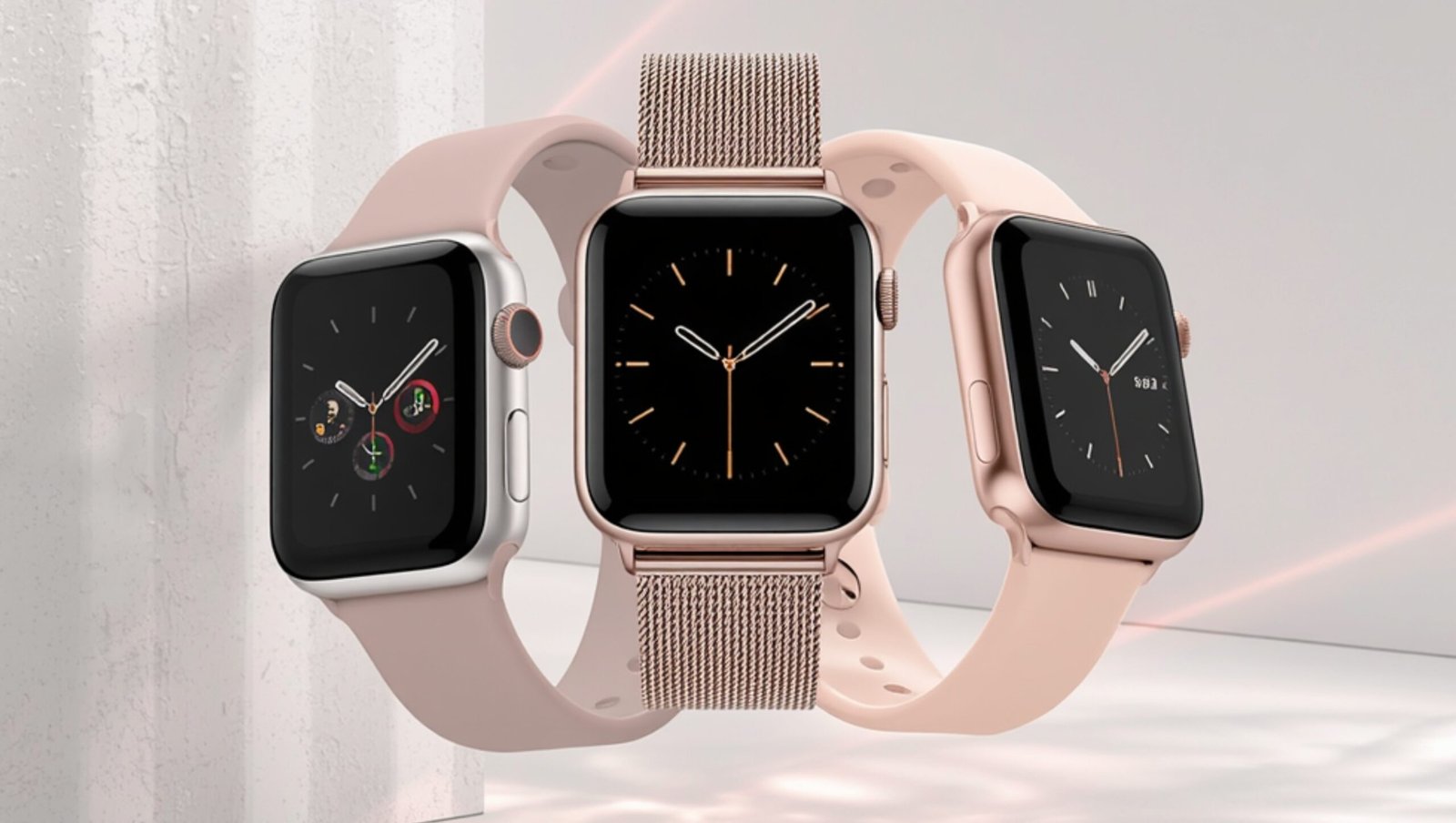 Three Apple Watches in rose gold and silver finishes with pink silicone and Milanese loop bands on a minimalist white summer-themed background.