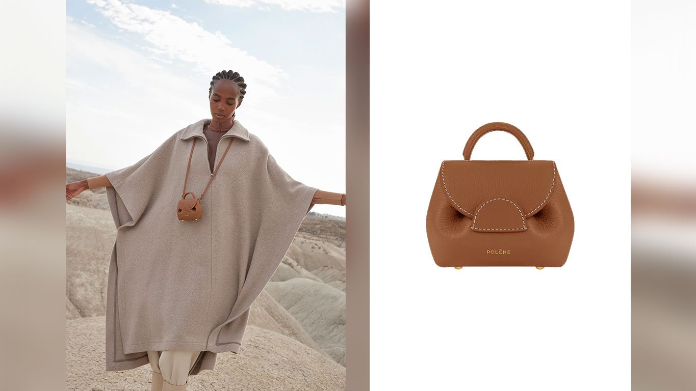 Polène Numéro Un Nano bag in Camel Grained Leather. The image displays the handbag's craftsmanship, white stitching, and gold hardware, alongside a lifestyle shot of the bag being worn as a crossbody.