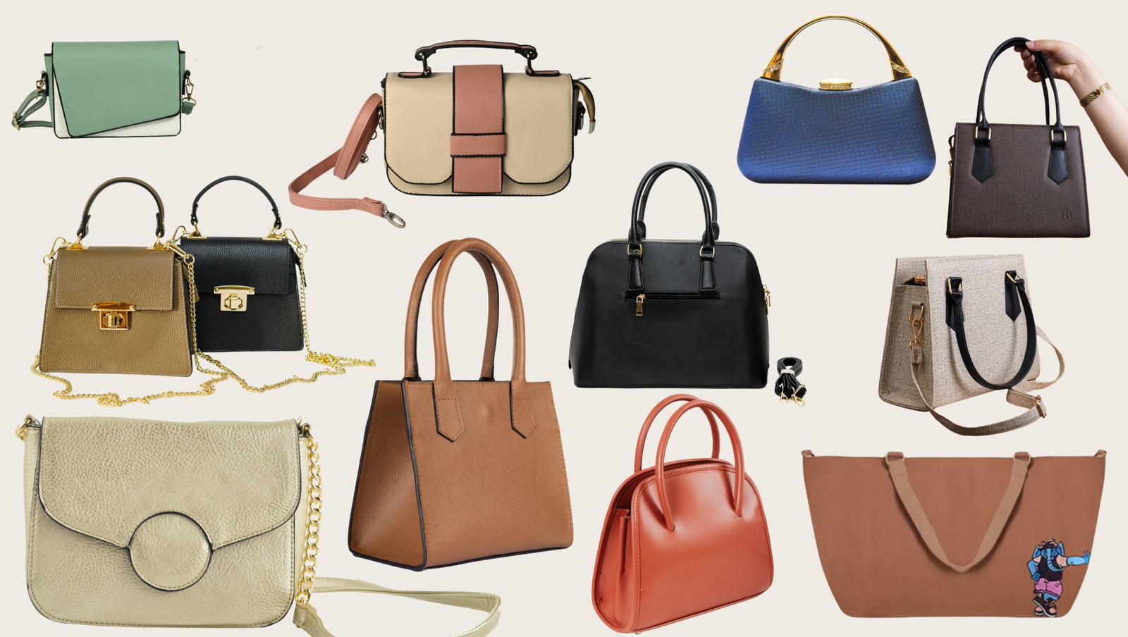 Minimalist handbag collection graphic titled "What's in my bag?" featuring woven leather totes, a structured brown satchel, and a cream bucket bag. Perfect for quiet luxury fashion inspiration and 2026 summer accessory trends.