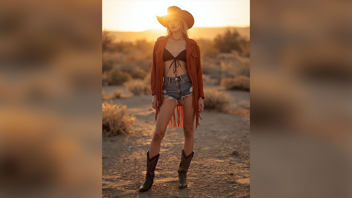 Coachella inspo western boho outfit featuring a rust suede fringe jacket over a black lace bralette, distressed denim cutoff shorts, dark embroidered cowgirl boots and wide brim hat against a golden hour California desert sunset background