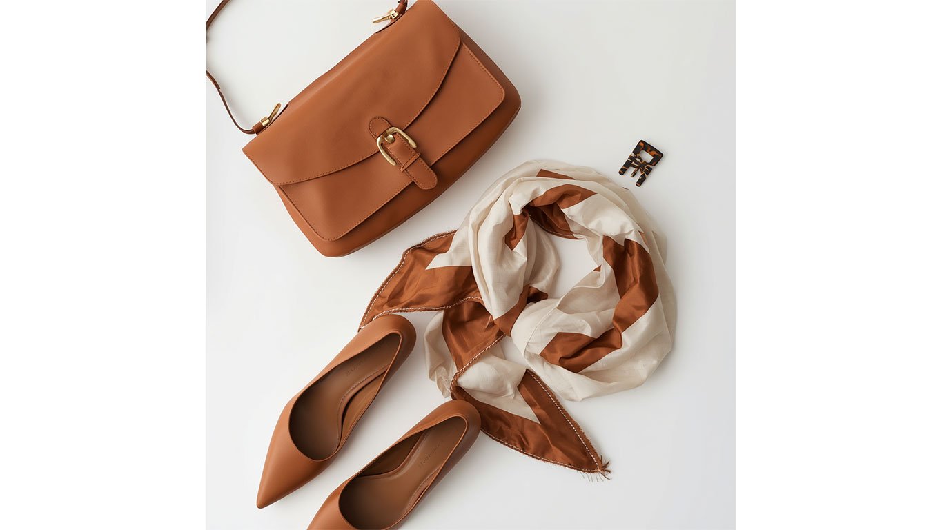 Cognac leather handbag and matching pointed-toe flats. A curated summer accessory set including a striped silk scarf and tortoiseshell hair clip, perfect for a professional neutral wardrobe or a 2026 travel capsule.