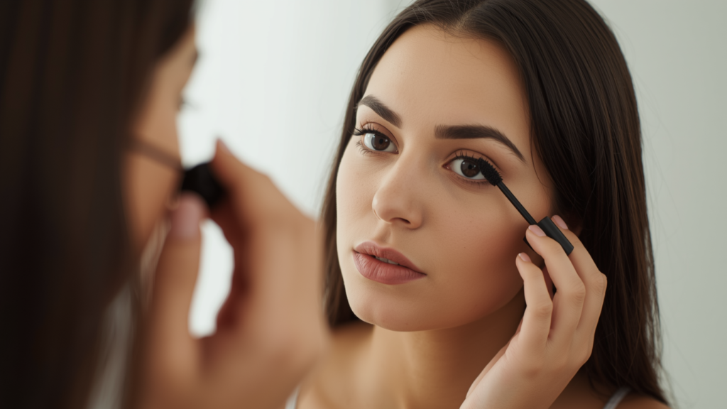 Close up of a woman applying black mascara to her upper lashes in a mirror.