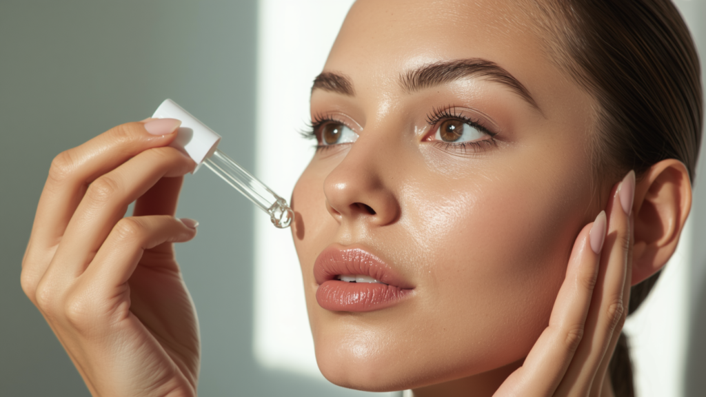Woman applying a liquid face serum using a glass dropper for a glowing complexion.