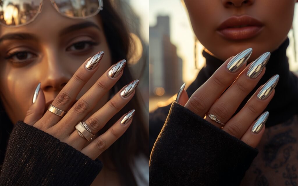 Trendy chrome silver metallic stiletto nails reflecting sunlight outdoors.