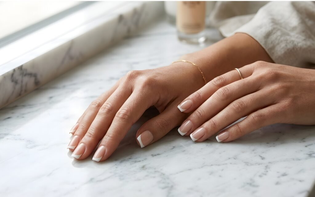 Elegant classic French tip manicure on almond-shaped nails resting on marble.