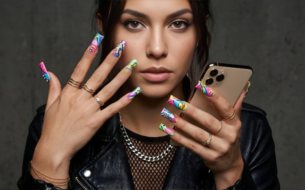 Vibrant pop-art inspired graphic nail design on long square nails with a leather jacket.