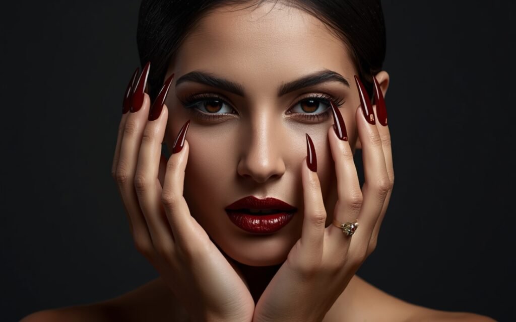 Long deep burgundy stiletto nails with a high-shine finish and matching lip color.