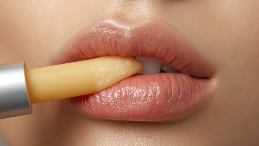 Close up of a sugar lip scrub stick being applied to lips for exfoliation.