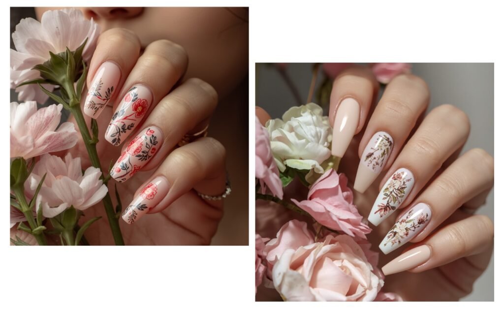 Intricate hand-painted floral nail art on long coffin nails held next to pink roses.