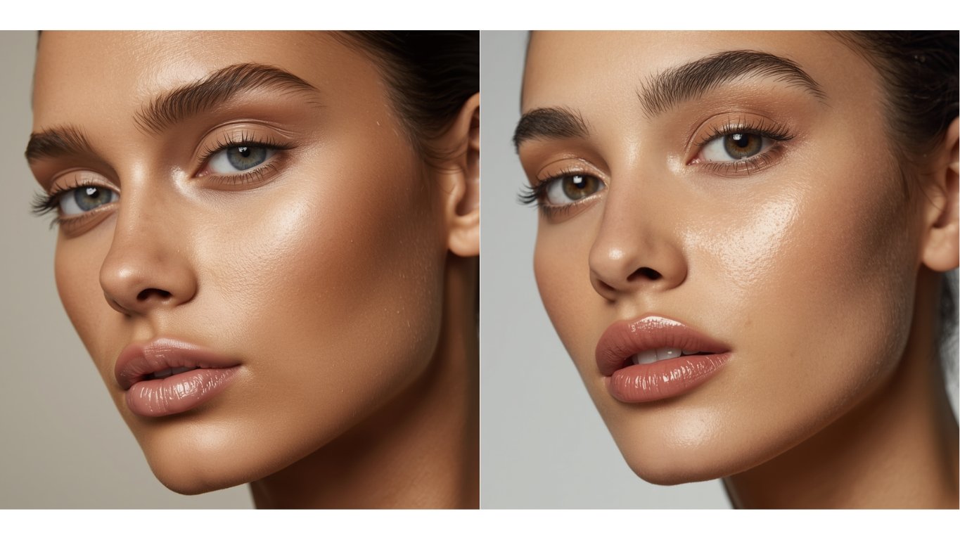 Close-up of a model with glass skin makeup, highlighted cheekbones, and feathered eyebrows in a split view
