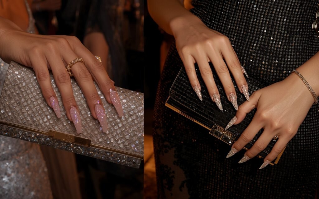 Sparkly glitter ombre stiletto nails held against a crystal evening clutch bag.