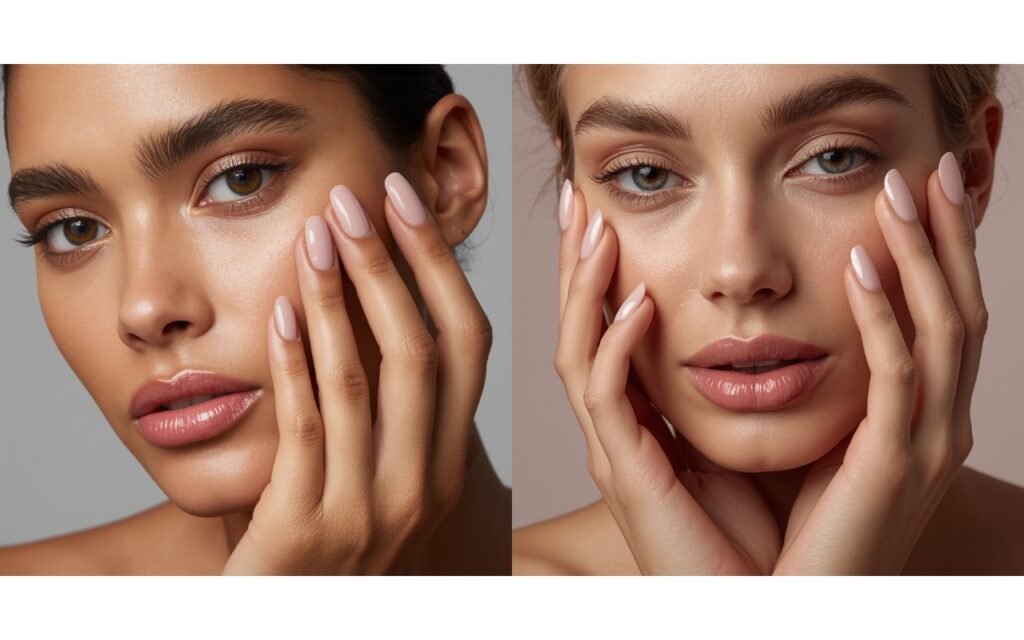 High-gloss soft pink almond nails on a model with glowing skin.