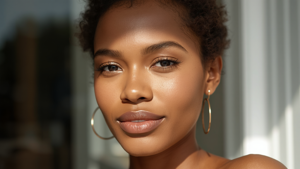 Portrait of a woman with a dark skin tone featuring radiant, glowing makeup and gold hoop earrings in natural sunlight.
