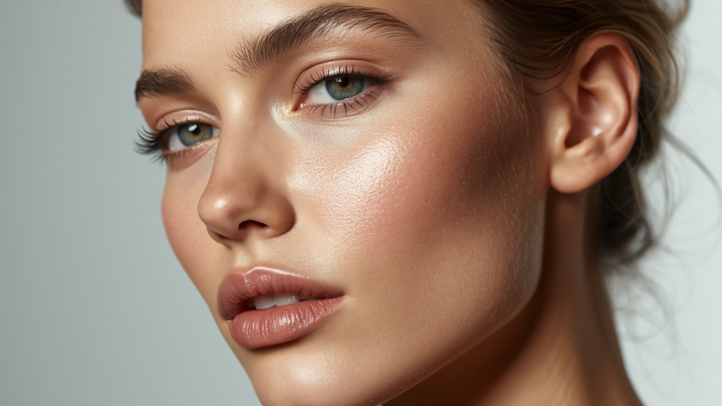 Close up of radiant skin highlighting the glow on the cheekbones and brow bone.
