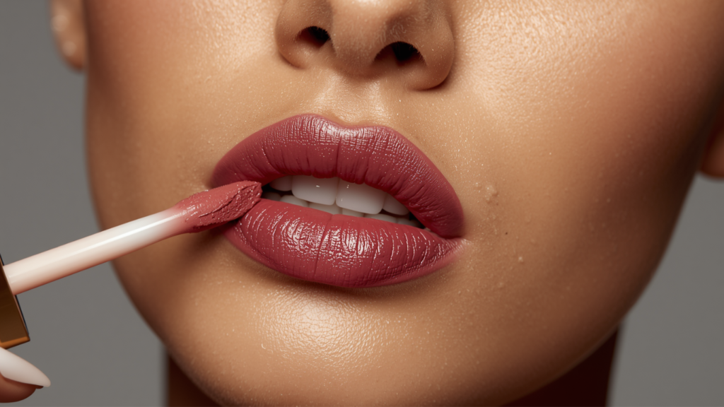 Macro shot of a mauve liquid lipstick being applied to full lips with an applicator.