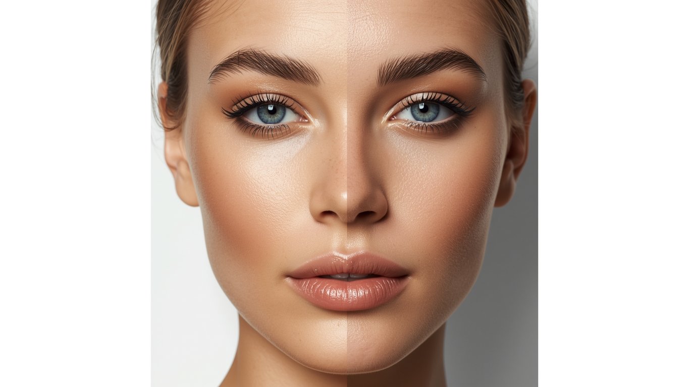 Before and after makeup comparison showing professional skin retouching and a soft-focus radiant finish.