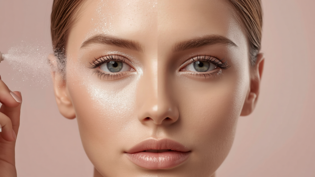 Side-by-side comparison of a woman's face before and after applying a hydrating makeup setting spray.