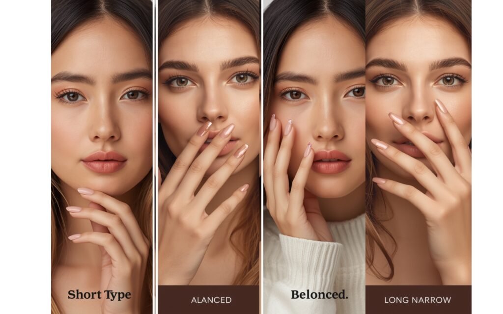 Infographic showing nail polish styles for short, balanced, and long narrow nail types.