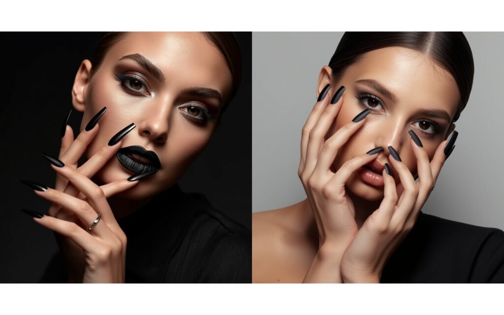Bold matte black stiletto nails matching black lipstick on a fashion model.